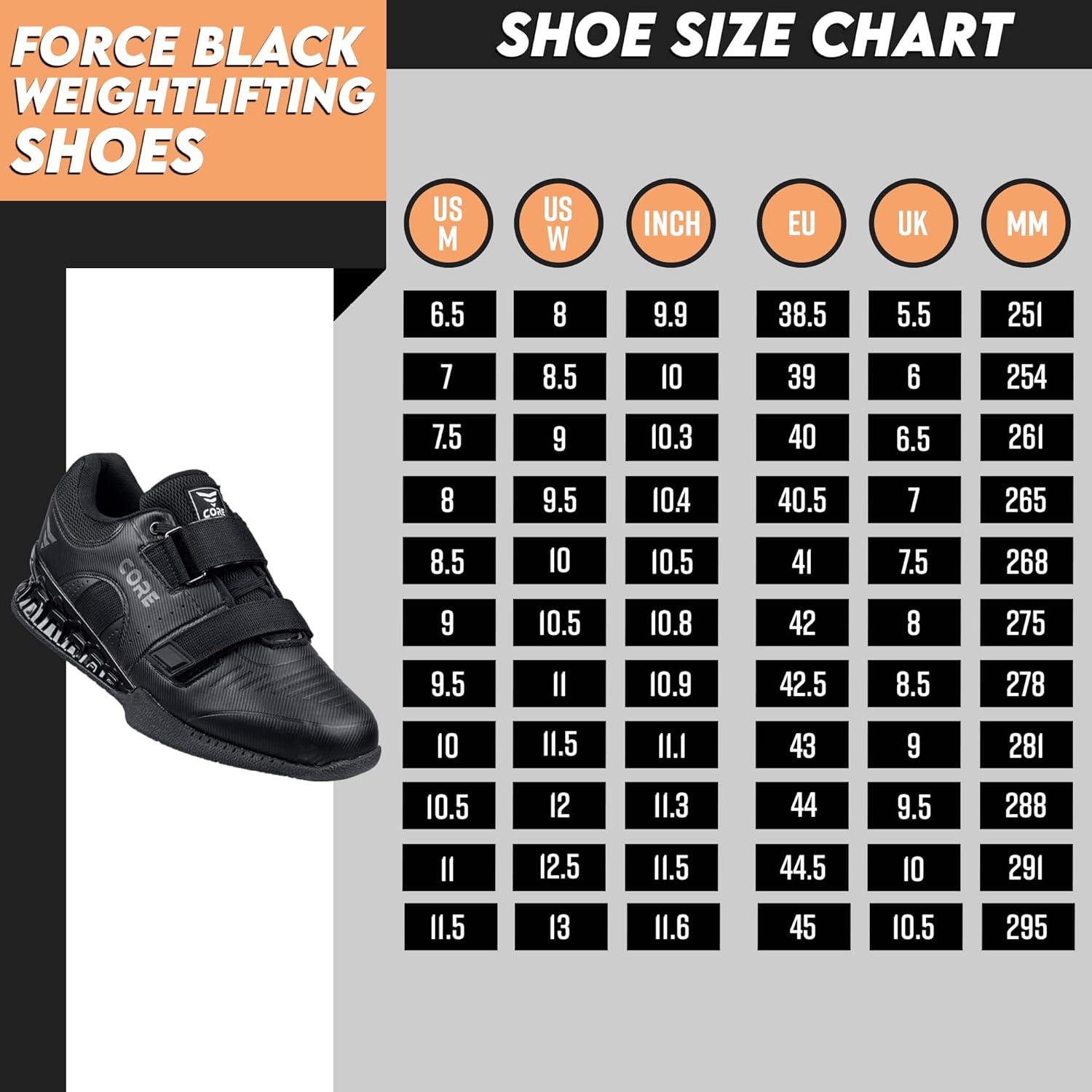 Тяжелоатлетические кроссовки CORE Force Black - обувь для приседаний для мужчин и женщин - обувь для пауэрлифтинга, становой тяги и кроссфита - нескользящие олимпийские кроссовки с поднятой пяткой 2 см Nordcore — фото 2