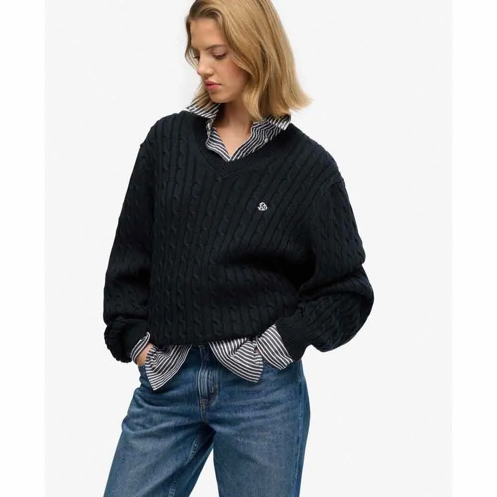 Свитер Superdry Oversized Cable с V-образным вырезом и косами, синий — фото 3
