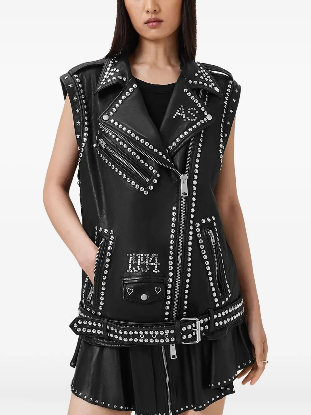 

Байкерский жилет из кожи с заклепками AllSaints, черный