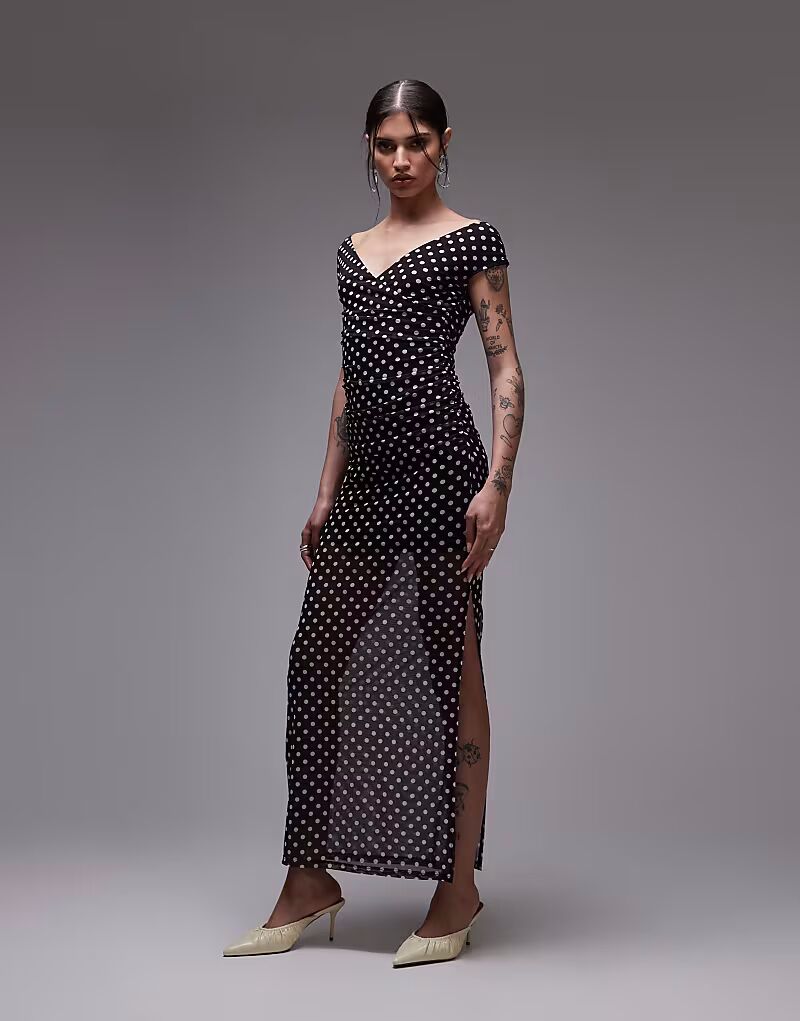 

Платье макси с сетчатым запахом ASOS DESIGN в черный горошек