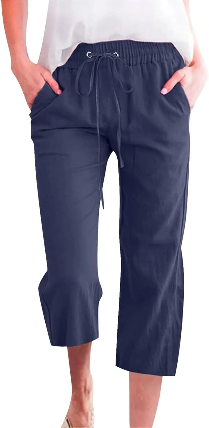 

Льняные капри для женщин летние повседневные с кулиской и эластичной высокой талией