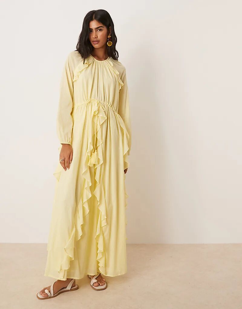 

Платье макси ASOS DESIGN с круглым вырезом, присборенной талией и оборками лимонного цвета