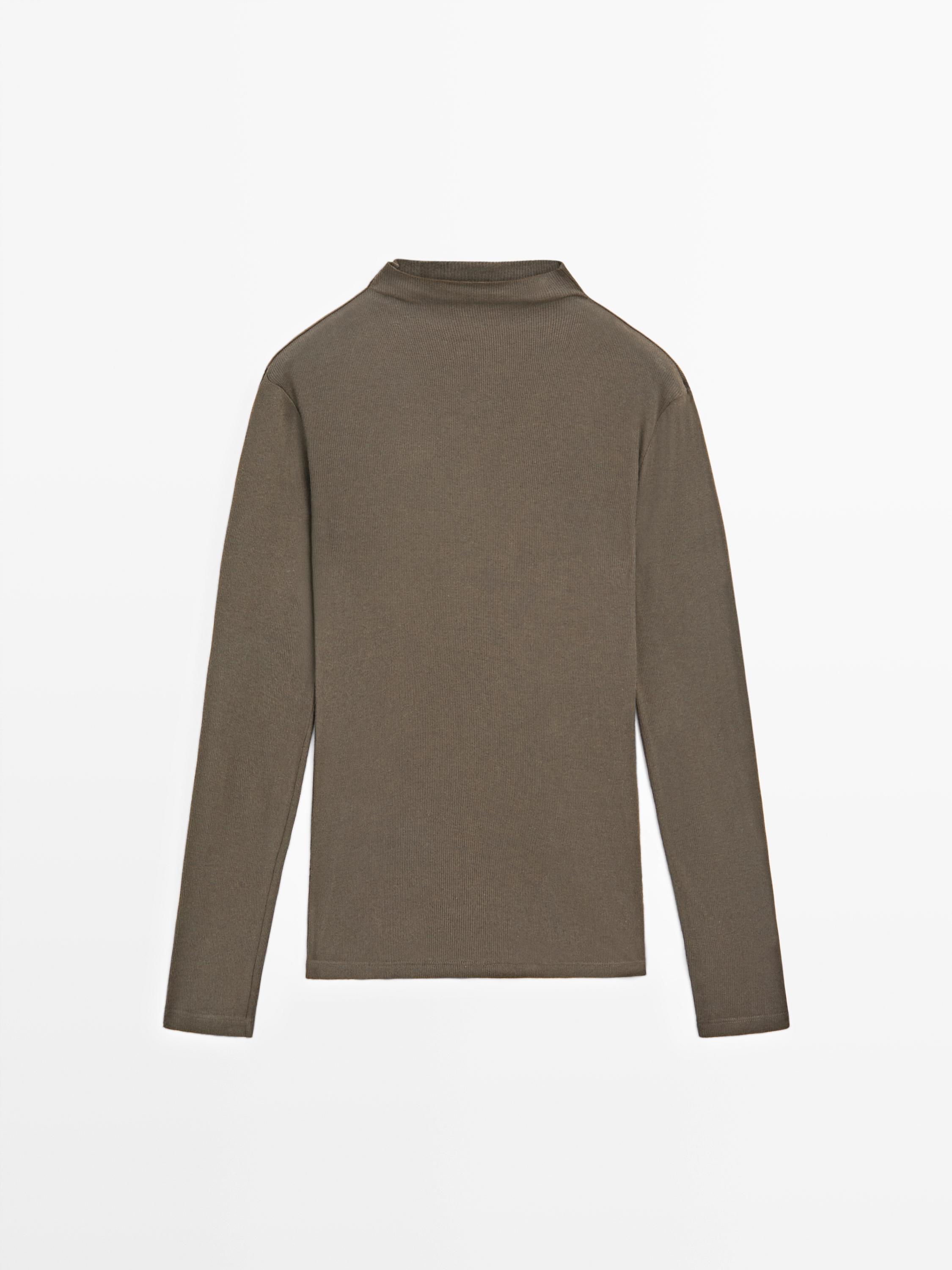 Ребристая хлопковая футболка с длинным рукавом Massimo Dutti, mocha — фото 2