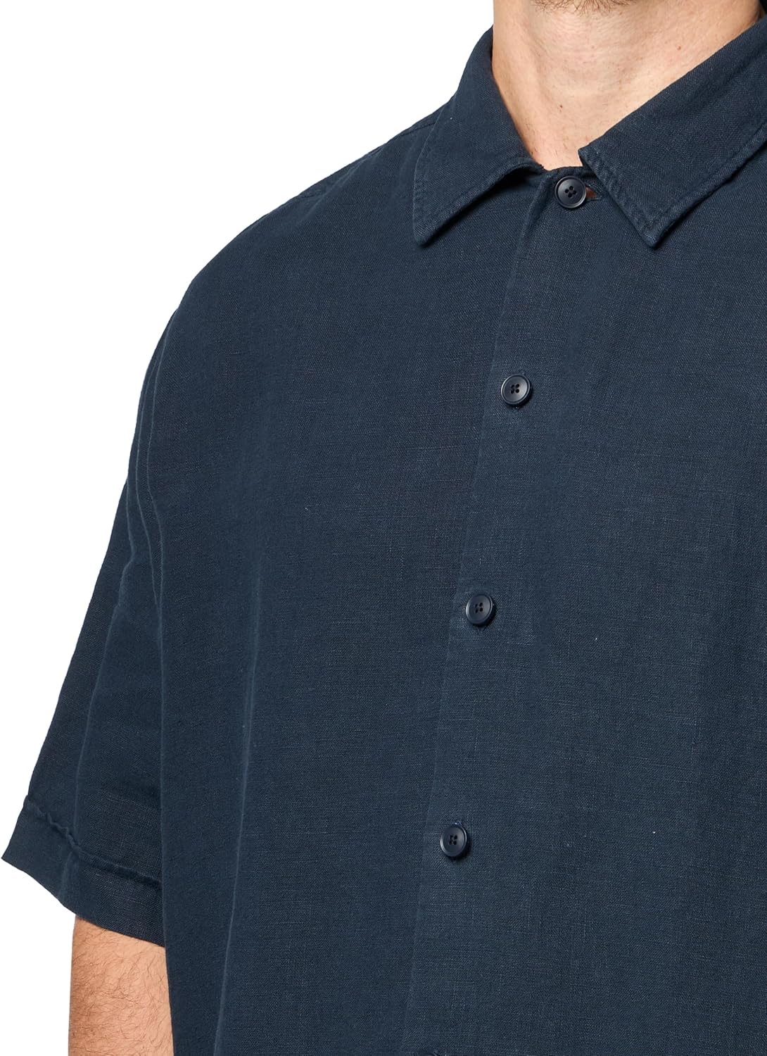BOSS Мужская льняная рубашка с коротким рукавом на пуговицах, Premium Navy — фото 3