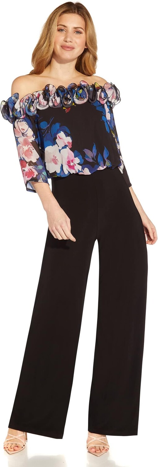 

Комбинезон Adrianna Papell Floral Chiffon and Jersey Off-the-Shoulder Jumpsuit, цвет Black Multi