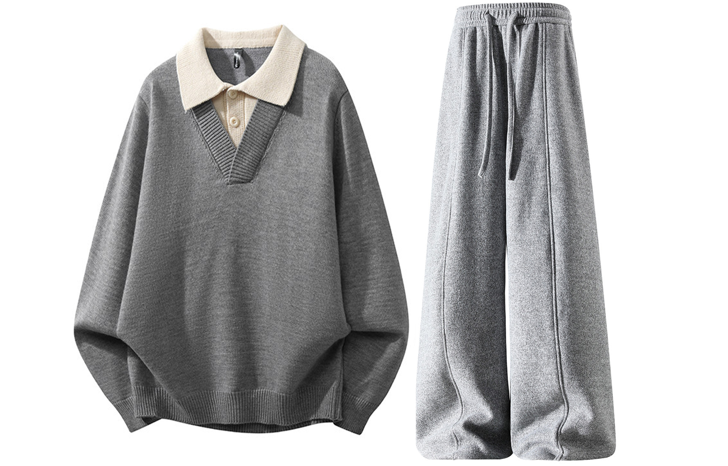 

Повседневная спортивная одежда Unisex V-образный вырез Moderate X1617, светло-серый knitted fabric top+серый fleece-lined pants