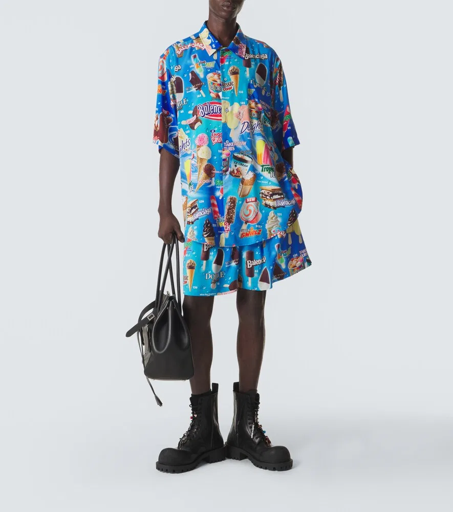 Атласная рубашка с принтом Balenciaga, синий — фото 2