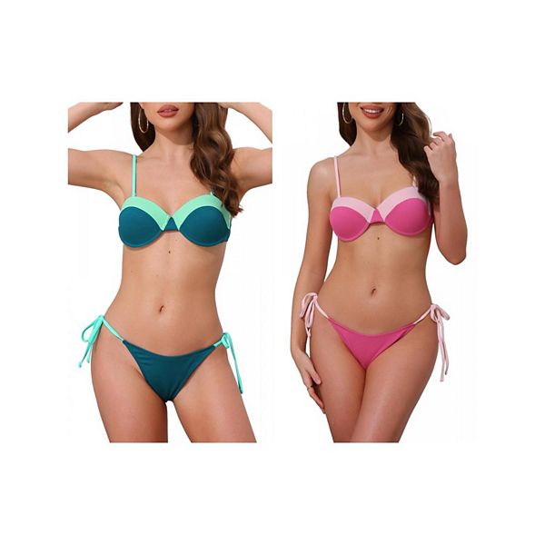 

2 комплекта женского бикини с контрастными цветами, топ на тонких бретелях и треугольные трусики Inspire Chic, Teal Green Fuchsiapink