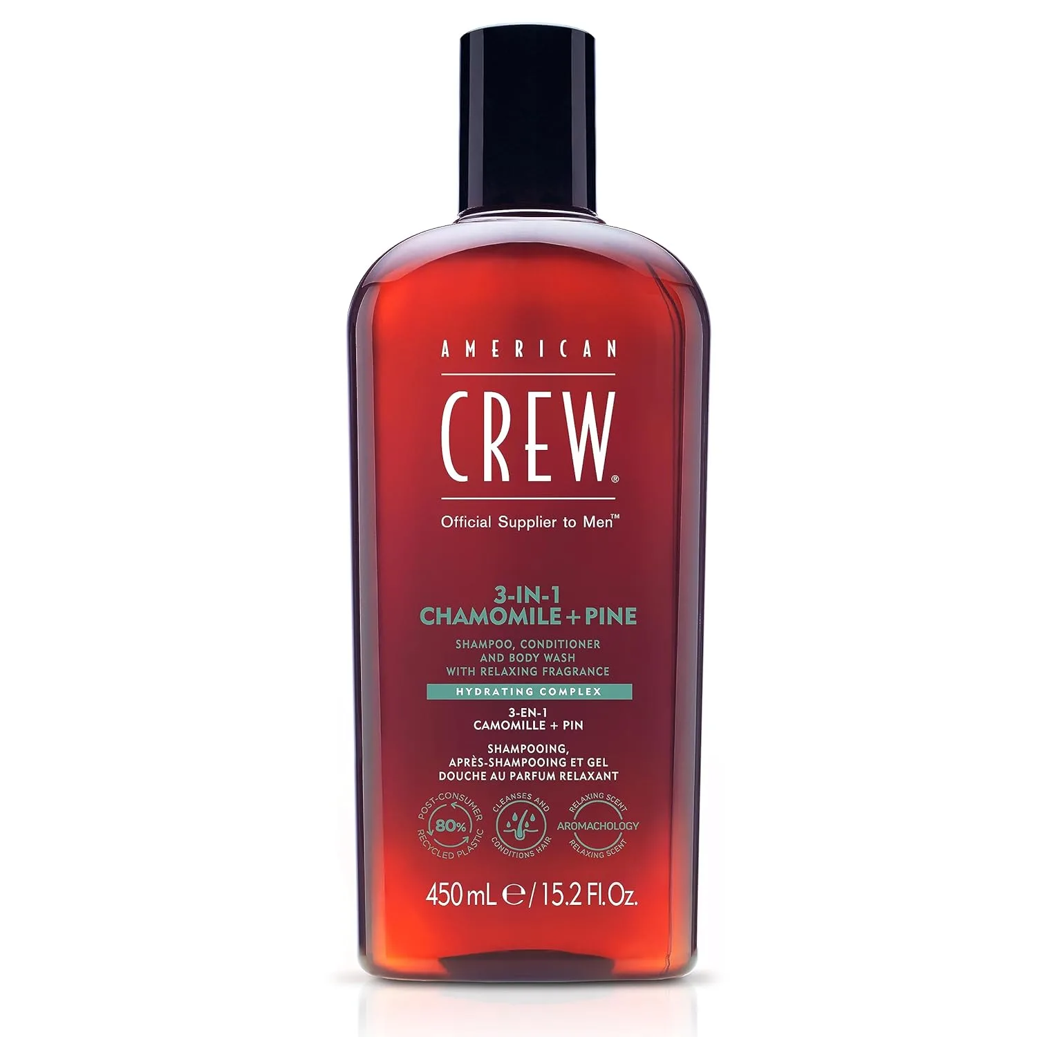 AMERICAN CREW 3-в-1 Ромашка и сосна, шампунь, кондиционер и гель для душа для мужчин, комплексный уход с успокаивающим и расслабляющим ароматом, 443 мл 450 мл (1 шт.)