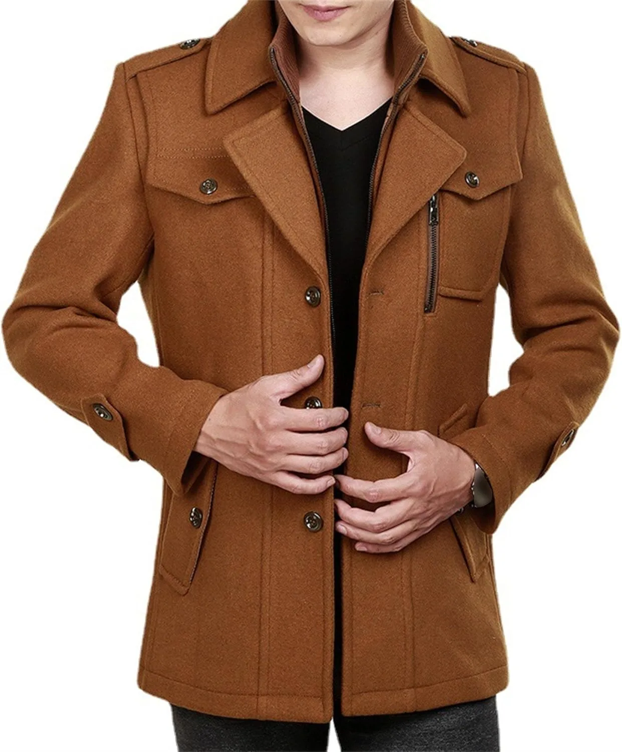 Мужское пальто в стиле pea coat с двубортной застежкой и классическим отложным воротником из шерстяной смеси, зимняя верхняя одежда, длинное пальто Generic, коричневый — фото 2