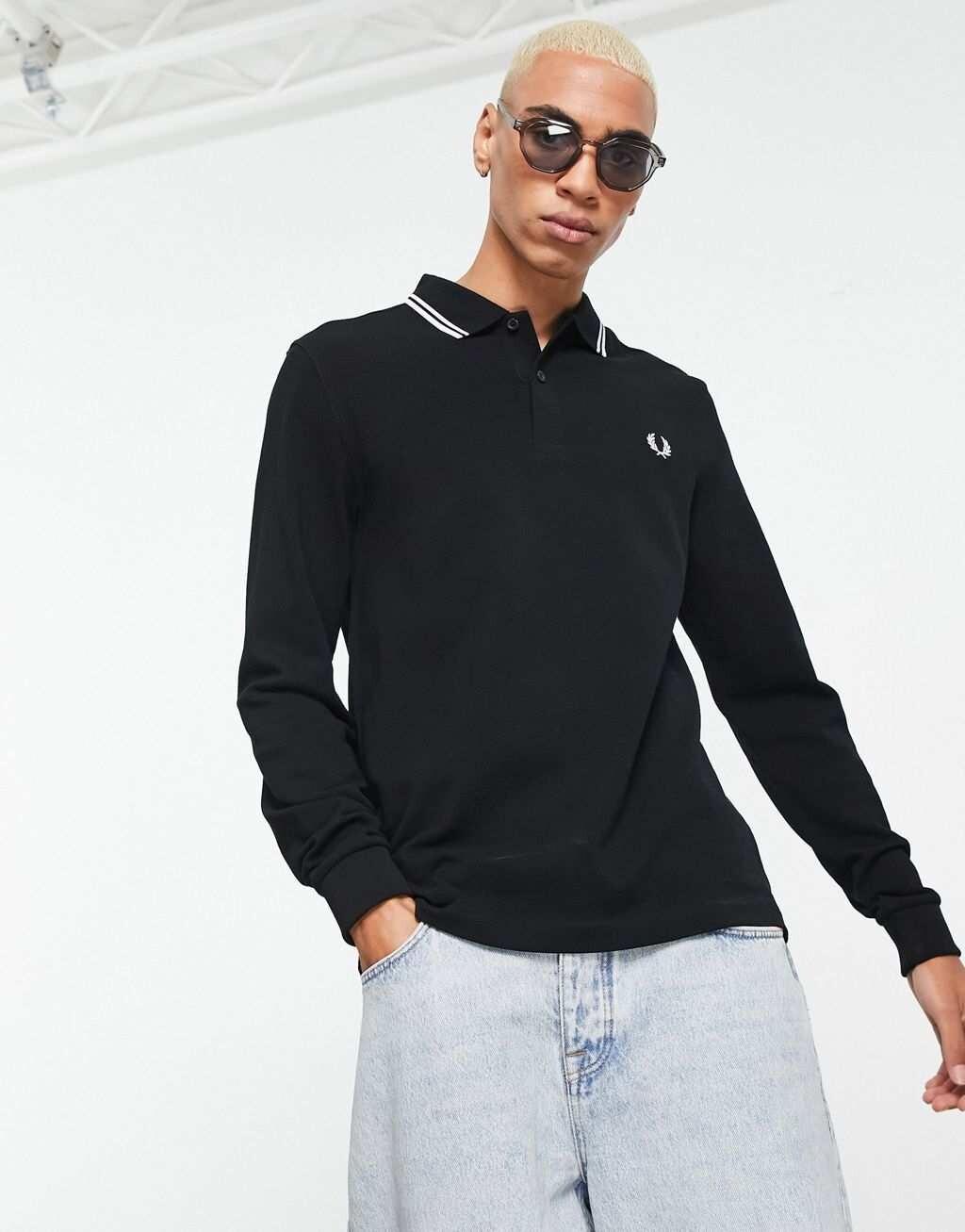 

Черная рубашка-поло с длинными рукавами и двойными окантовками Fred Perry