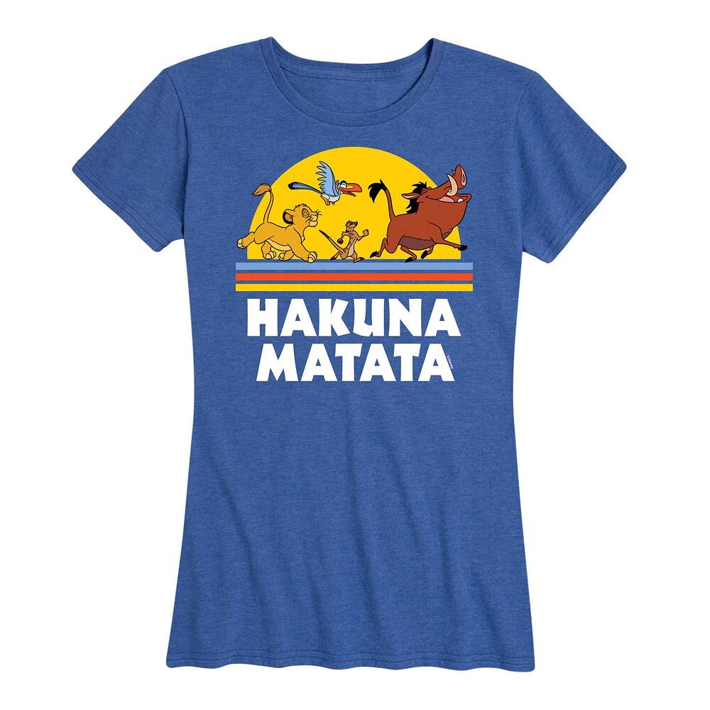 

Женская футболка Disney's Lion King Hakuna Matata Sunset с рисунком заката, цвет Heather Royal Blue