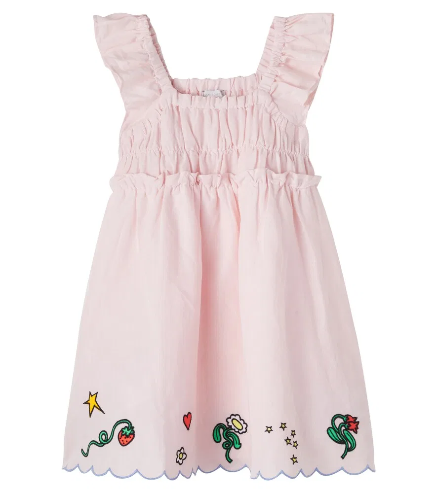 Платье из льна и хлопка с вышивкой и фестончатым краем Stella McCartney Kids, розовый