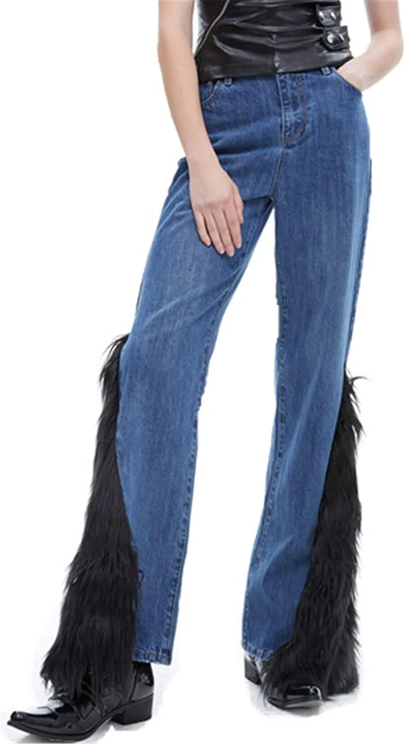 

Женские джинсы с меховой вставкой и роговой отделкой Skying