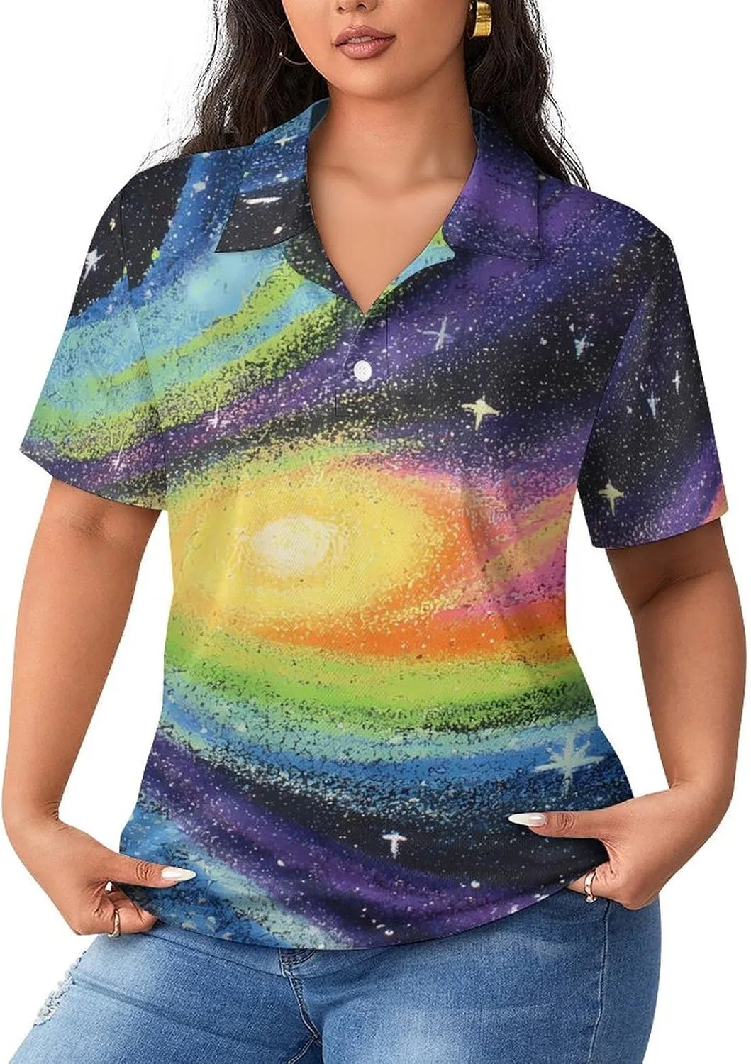 Женское поло Galaxy Planets Stars Moon Sun Nebula, короткий рукав, стиль