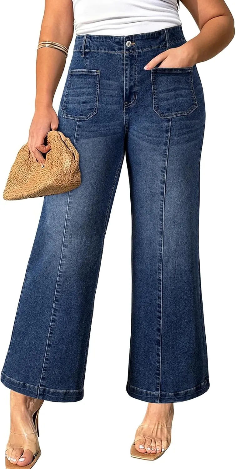 

Eytino Women's Plus Size Wide Leg Jeans с эластичным поясом и карманами (1X-5X)