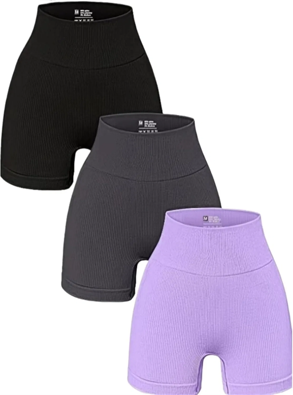Сет из 3 велосипедок для фитнеса, высокие, ребристые, Black/Gray/Purple