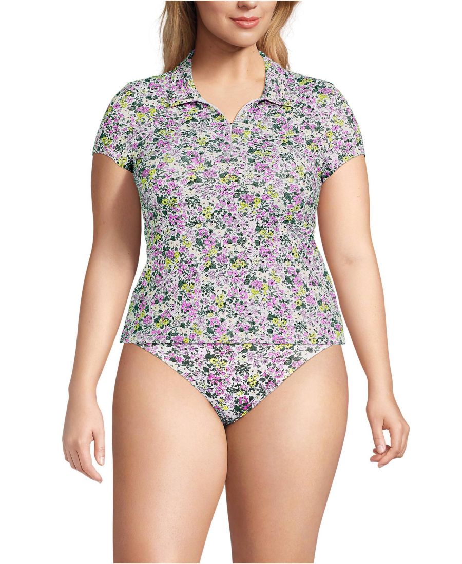 

Защитная футболка от солнца большого размера с коротким рукавом и воротником-стойкой UPF 50 из пике Lands' End, White multi ditsy floral, Белый, Защитная футболка от солнца большого размера с коротким рукавом и воротником-стойкой UPF 50 из пике Lands' End