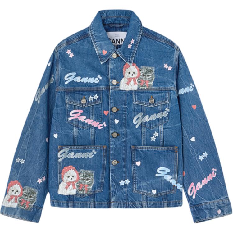 

Ganni Женская рубашка из плотной джинсовой ткани, цвет Stone Mill Wash, средне-синий, с отложным воротником