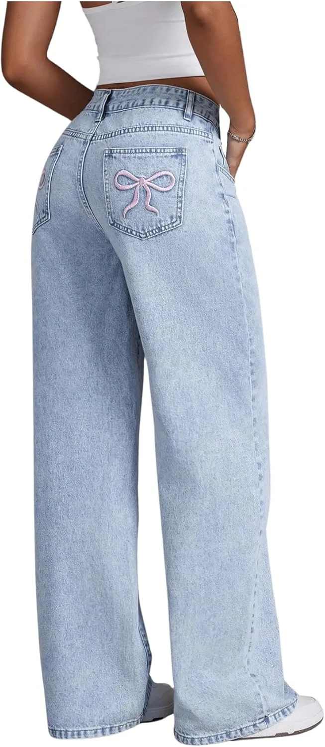 

Женские джинсы Y2k с бантом, низкой посадкой и вышивкой Flvsun