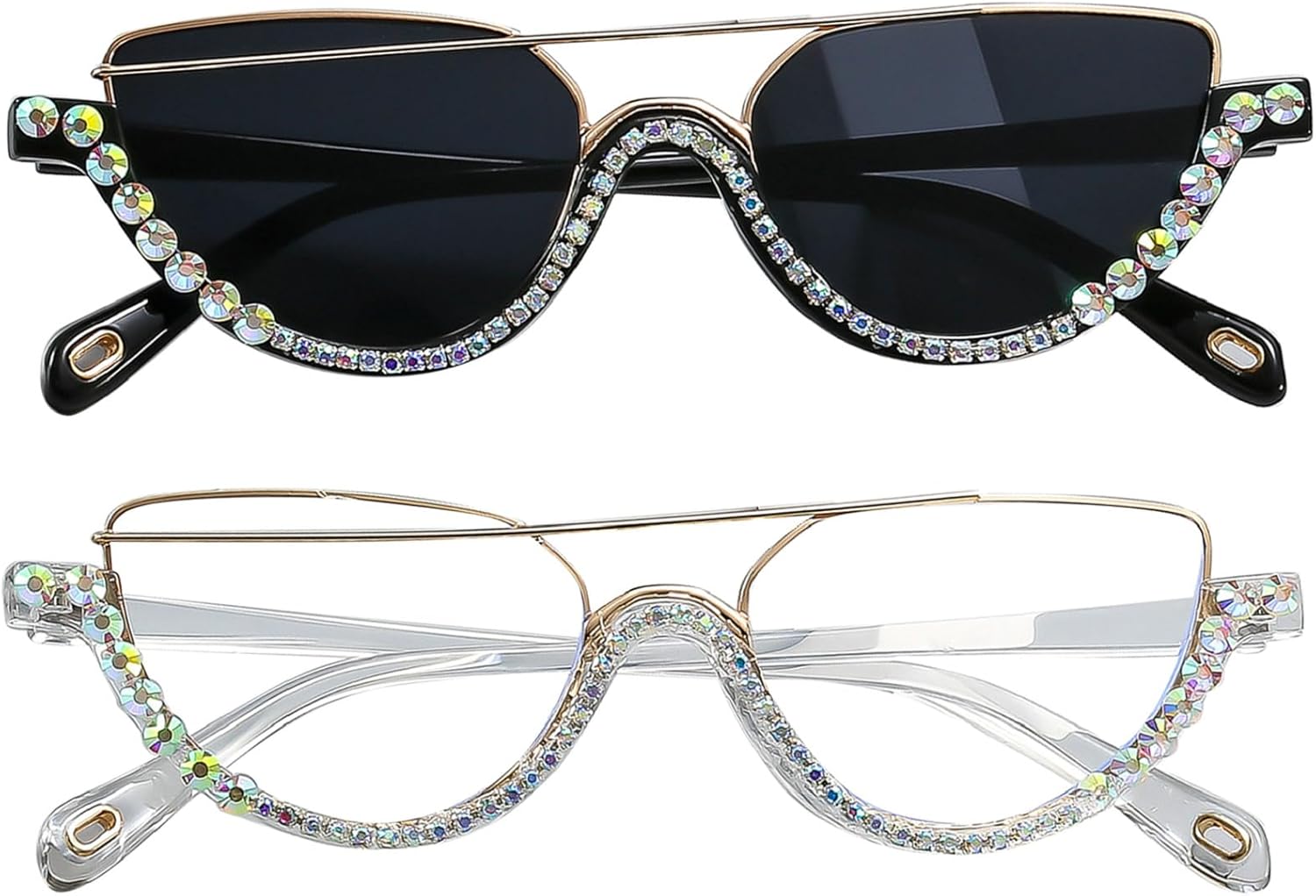 

Роскошные солнцезащитные очки с кристаллами для женщин, модные, сверкающие, в полуободковой оправе, «кошачий глаз», с бриллиантами, блестящие, с кристаллами mincl, 2pcs-black&clear