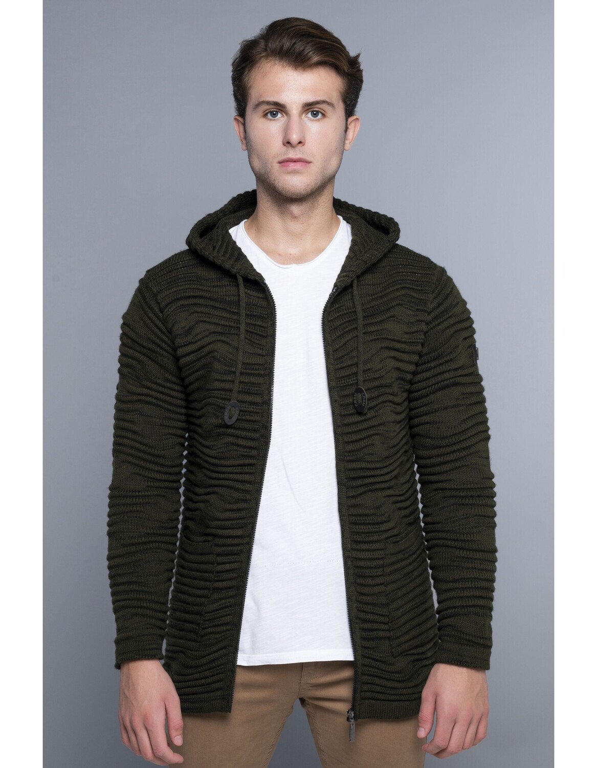 

Куртка CARISMA Strickjacke Strickjacke Lang mit Kapuze und Reißverschluss, хаки