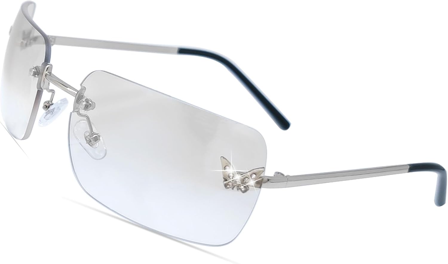 

Солнцезащитные очки без оправы в стиле Y2K для женщин и мужчин, модные солнцезащитные очки с обтекаемой формой, тонированные линзы, солнцезащитные очки в стиле 2000-х, модель «бабочка» Mriendao, Gradient Silver