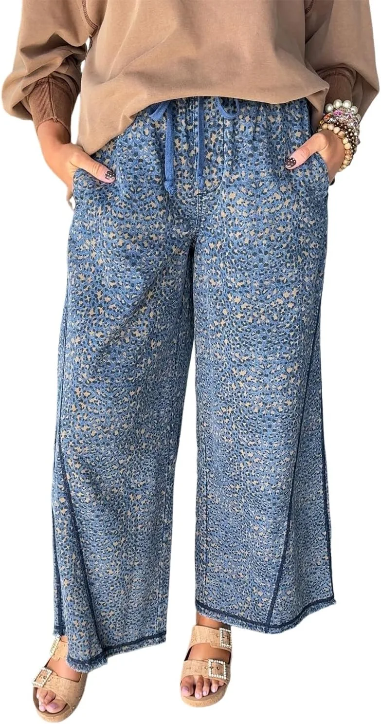 

SELINK Casual Leopard Print High Waisted Jeans для женщин с открытым швом и широкими штанинами