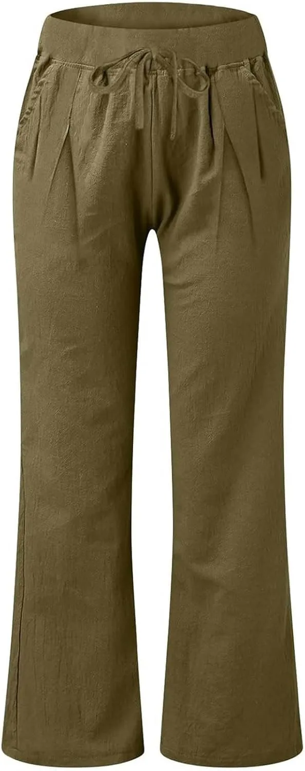 Льняные брюки Women 2026 Wide Leg с кулиской и эластичной резинкой на поясе, Casual, свободные, с карманами Generic, зеленый — фото 4