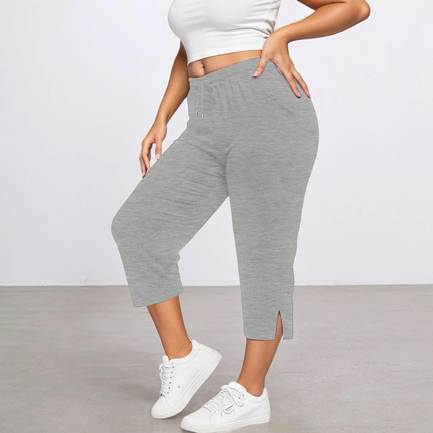 Капри для женщин Plus Size, повседневные летние свободные удобные брюки с завязками на поясе, эластичная талия, боковые разрезы, с карманом Generic, серый — фото 2