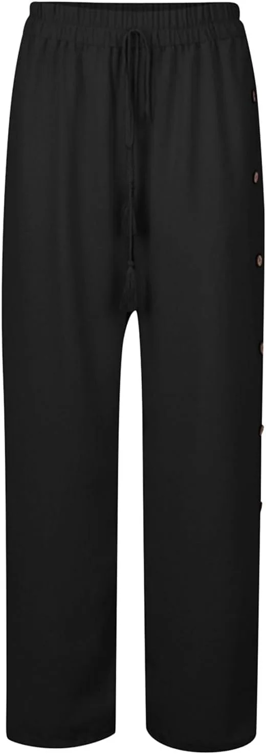 Брюки Side Button Wide Leg для женщин: повседневные, удобные, свободного кроя, на резинке, с высокой талией, палаццо Generic, черный — фото 3