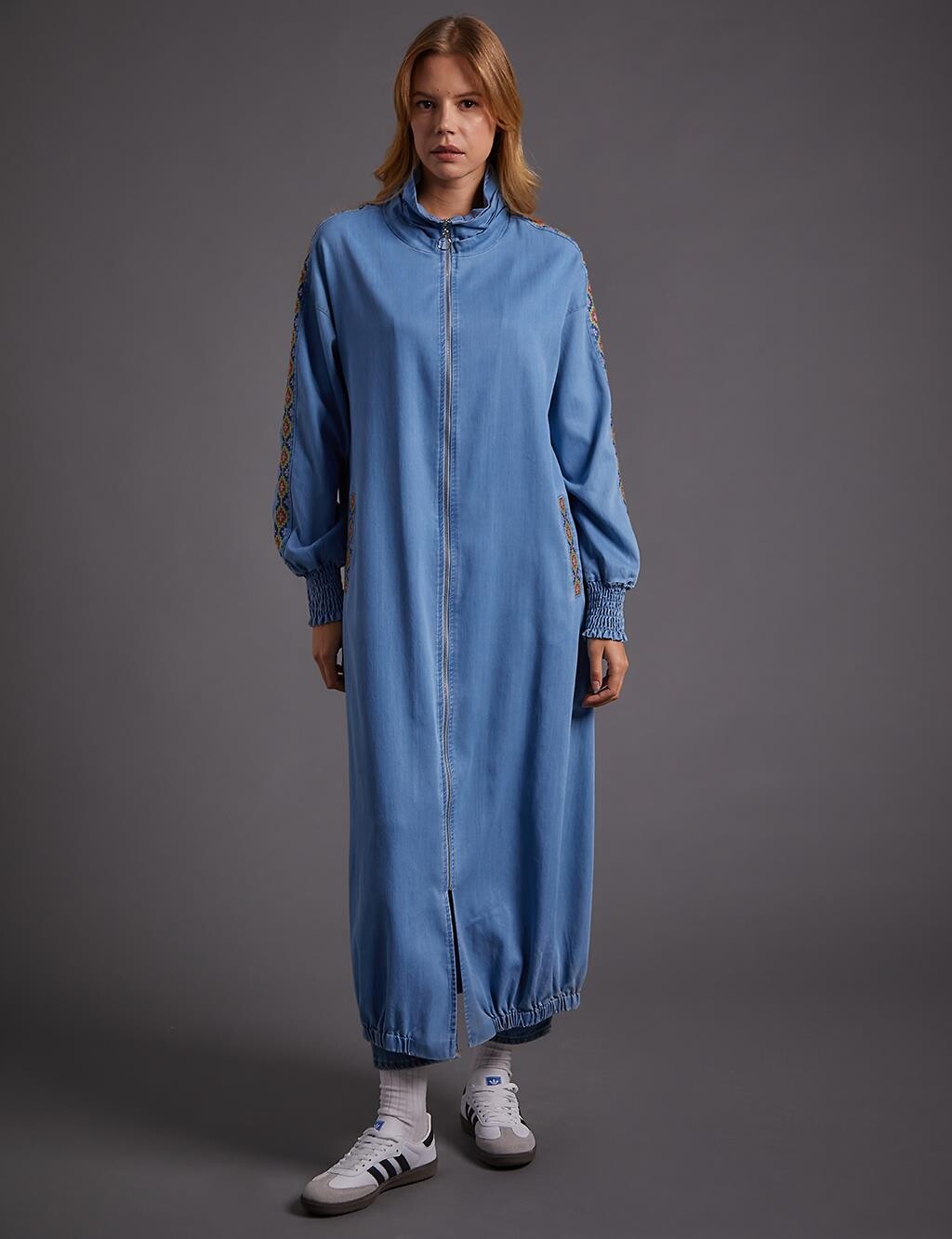 

Абая Ribbed Stand-Up Collar Ethnic Patterned Wear-Go Blue Kayra