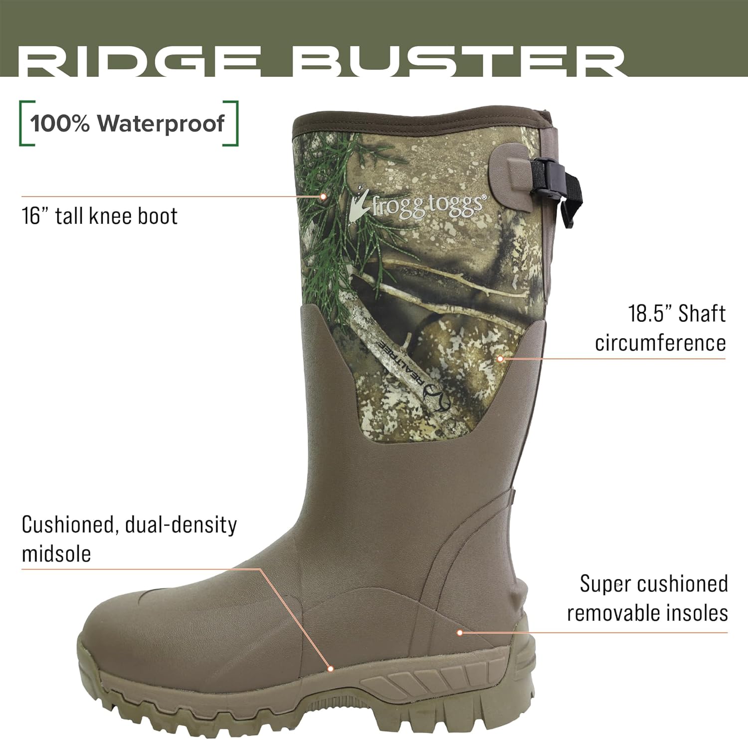 Водонепроницаемые охотничьи ботинки FROGG TOGGS Men's Ridge Buster, неопрен 7 мм, коричневый — фото 2