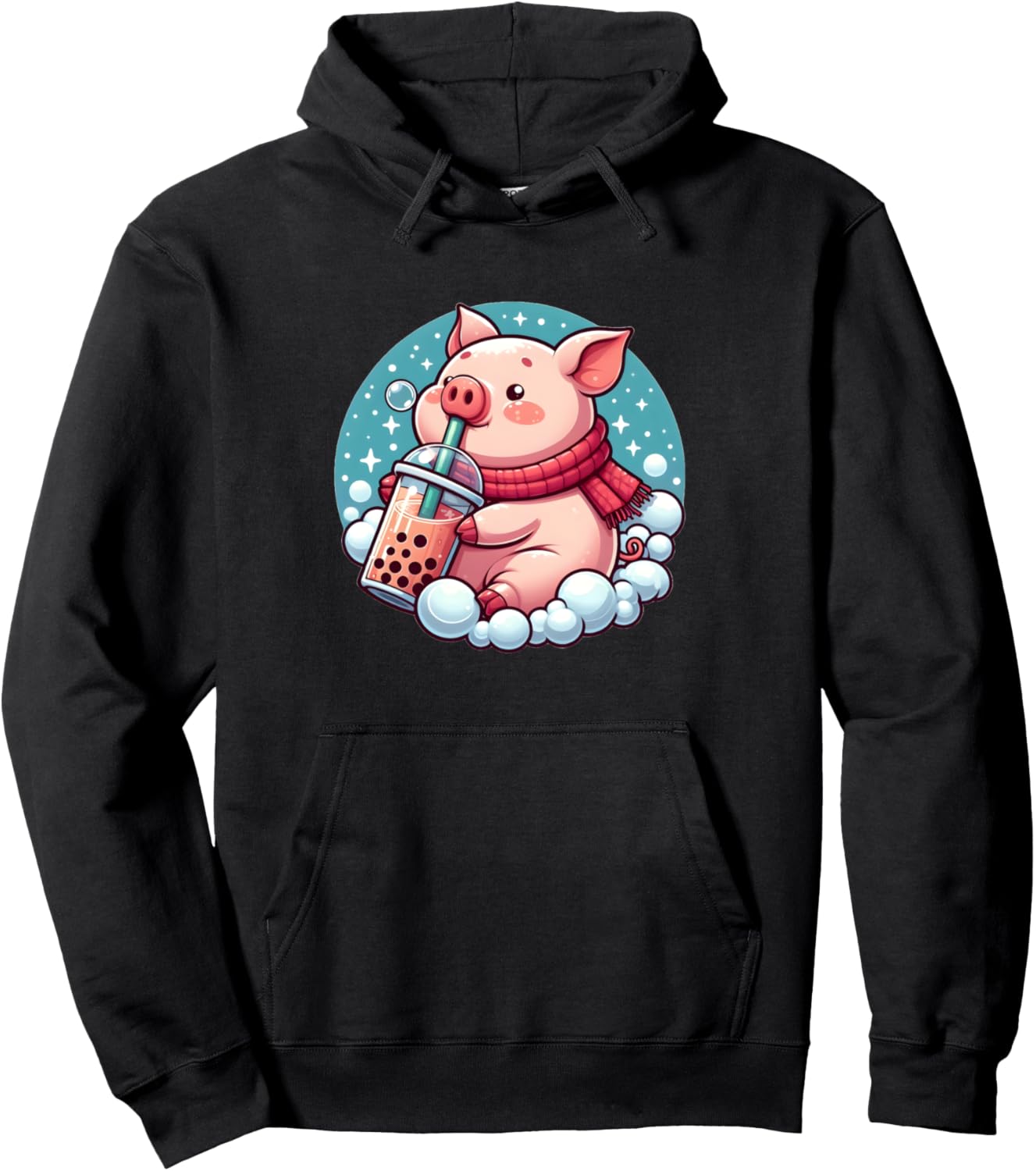 

Худи с изображением поросенка, потягивающего чай с шариками тапиоки Piggy Bubble Tea Designs, черный