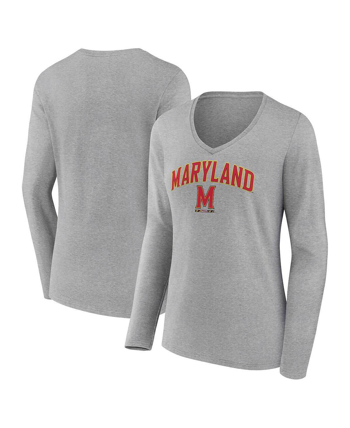 

Женская футболка с длинным рукавом и v-образным вырезом с логотипом Heather Grey Maryland Terrapins Evergreen Campus Fanatics