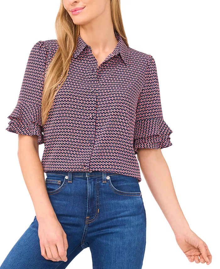 

Женский топ с воротником на пуговицах и рюшами на локтевых рукавах Cece, оранжевый