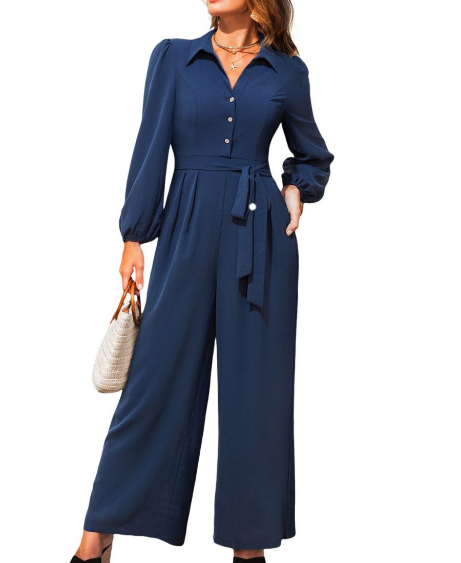 

Женский комбинезон с V-образным вырезом, пуговицами спереди и поясом Cupshe, Dark blue