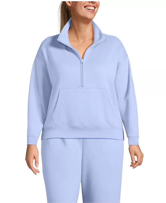 

Толстовка больших размеров Serious Sweats с длинным рукавом и молнией до середины груди, свободная, с верхним слоем Lands' End, синий