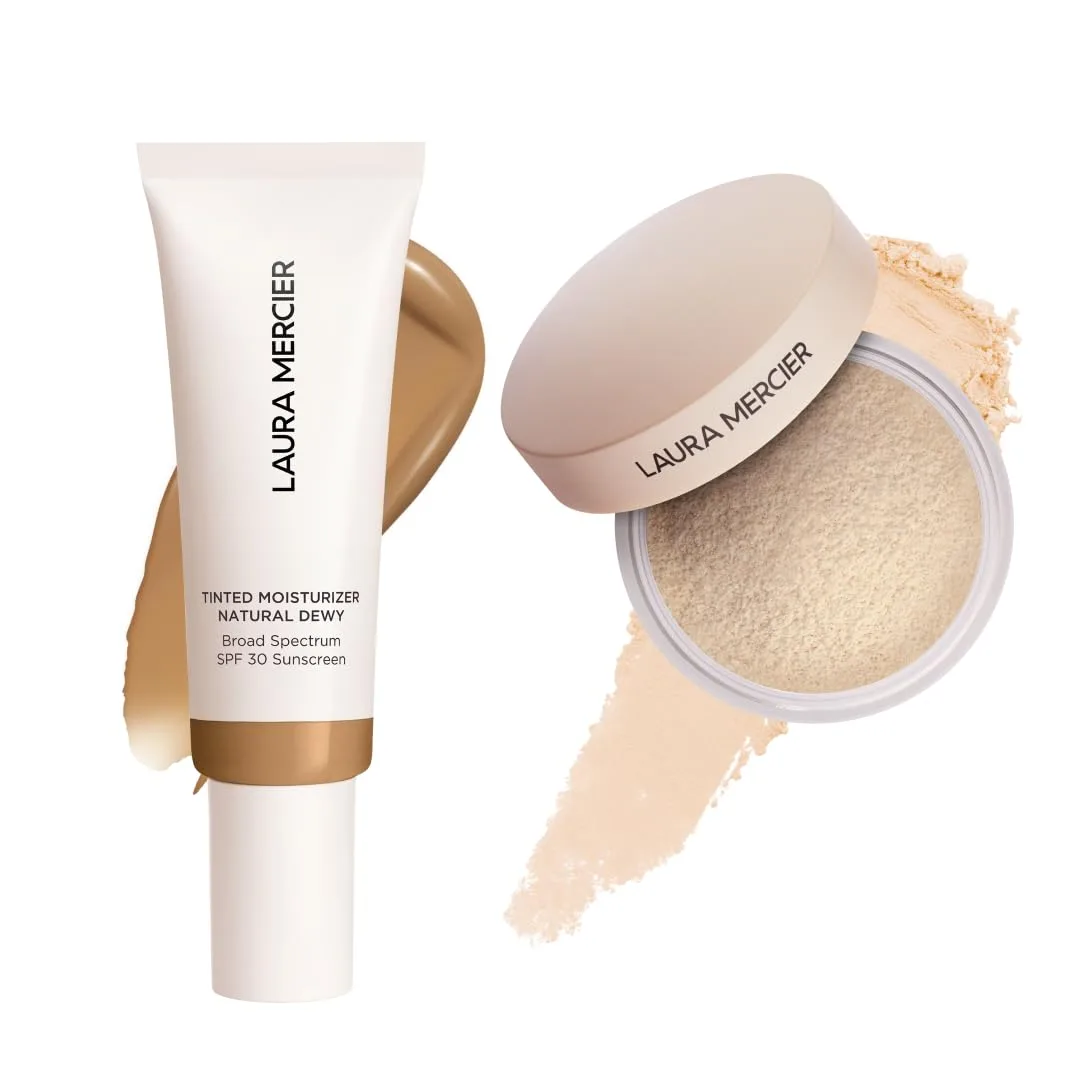 Laura Mercier тонирующий увлажняющий крем Natural Dewy с SPF 30, 24-часовая гидратация, оттенок 4N Teak и рассыпчатая пудра Translucent Loose Talc-Free Setting Powder Ultra-Blur с гиалуроновой кислотой, оттенок Translucent, набор