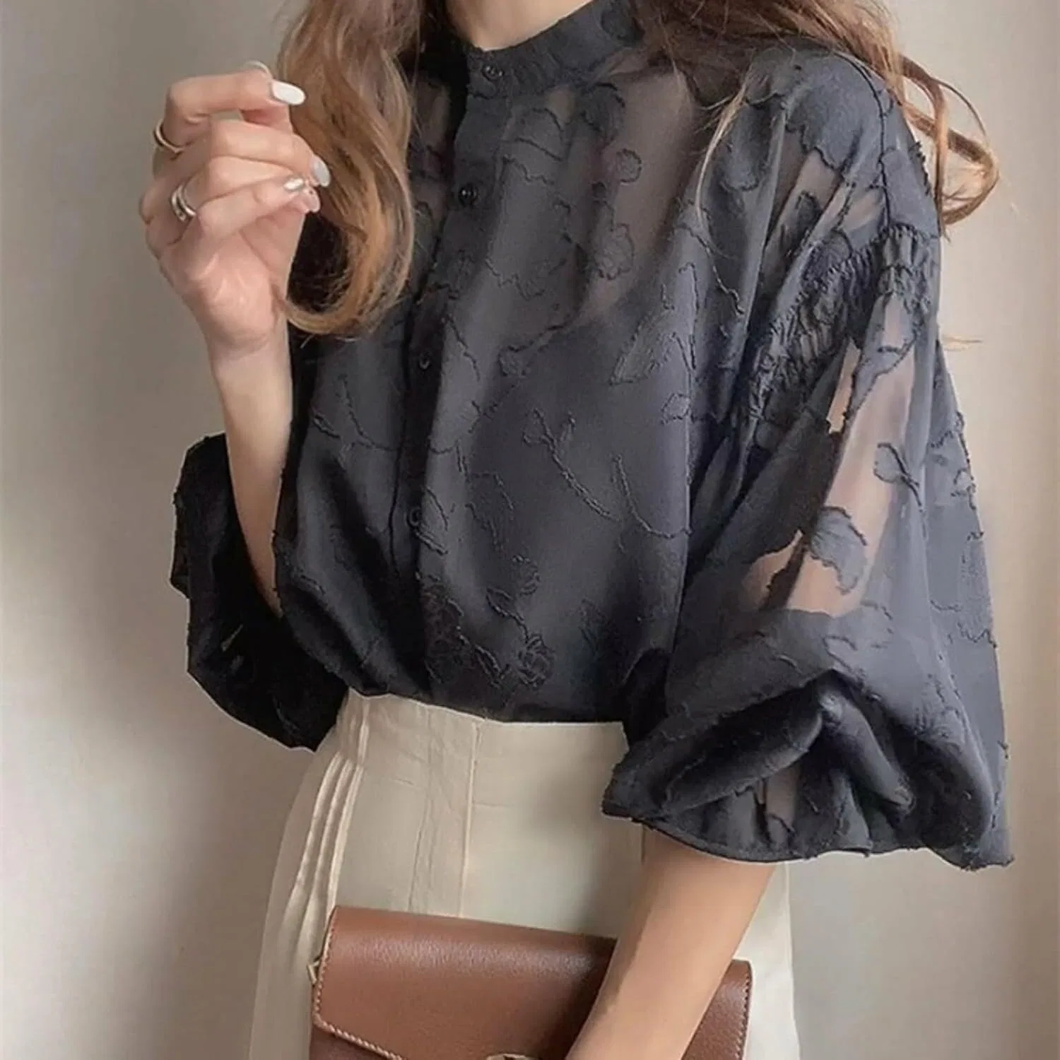 Блуза с цветочным жаккардом, рубашка с фонариком Sheer Shirt, светло-зеленый — фото 4