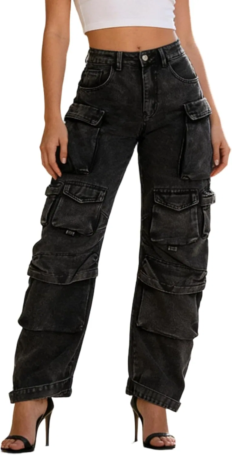 Джинсы свободные, cargo, Black Gray
