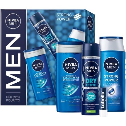 

Подарочный набор NIVEA MEN Strong Power с освежающими средствами по уходу — гель для душа Fresh Ocean, дезодорант-спрей Dry Active, шампунь Strong Power и средство для ухода за губами Labello Men Active