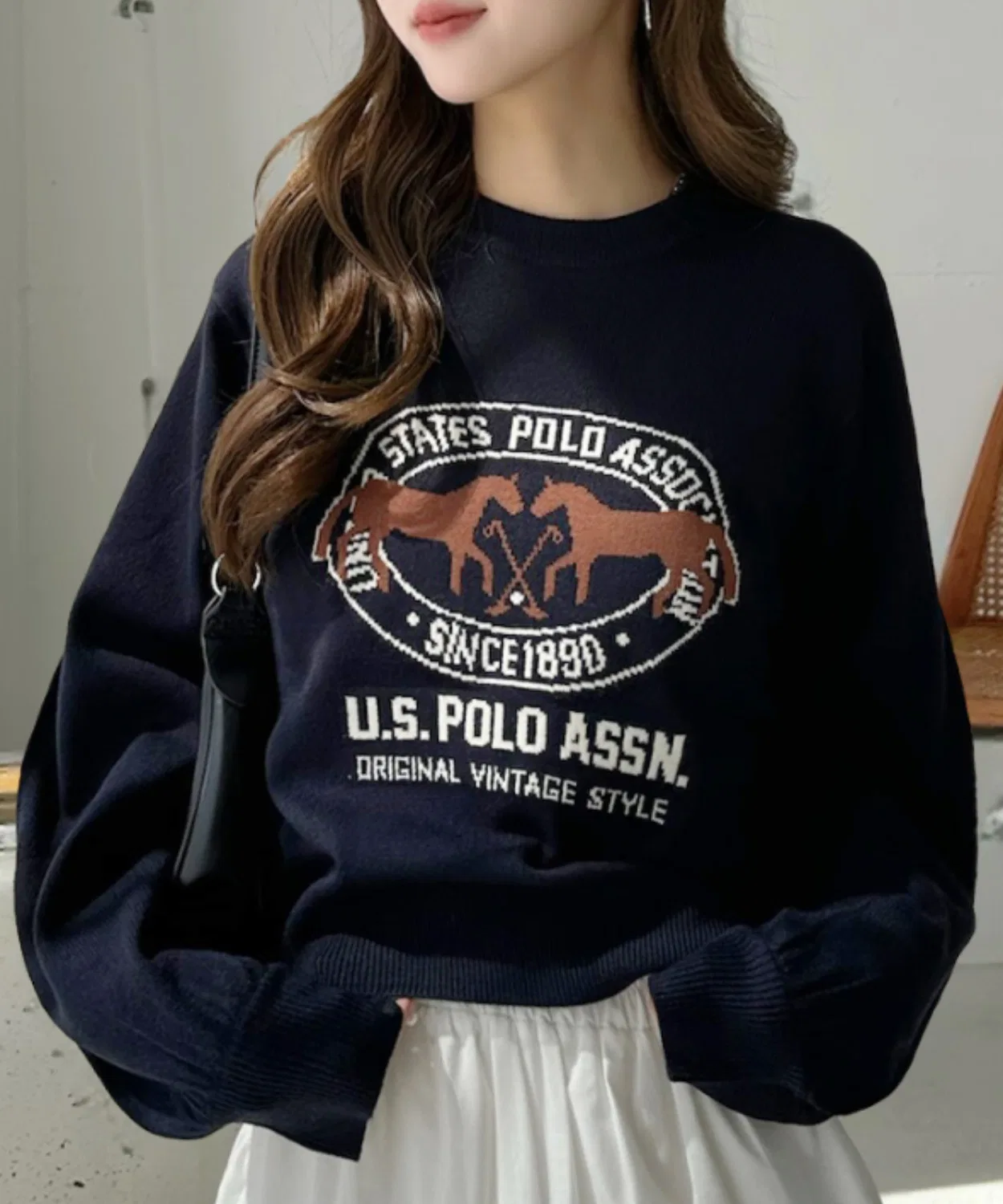 Джемпер U.S. POLO ASSN с жаккардовым логотипом, объемный рукав, тёмно-синий — фото 2