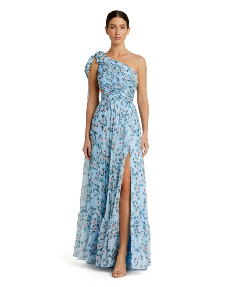 

Женское платье А-силуэта из шифона с цветочным принтом и одним открытым плечом Mac Duggal, Aqua multi