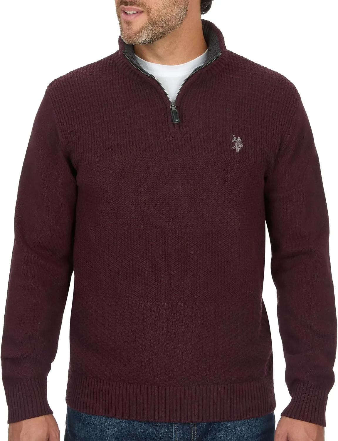 U.S. Polo Assn. мужской свитер с кабельной вязкой и молнией на четверть, Burgundy Heather