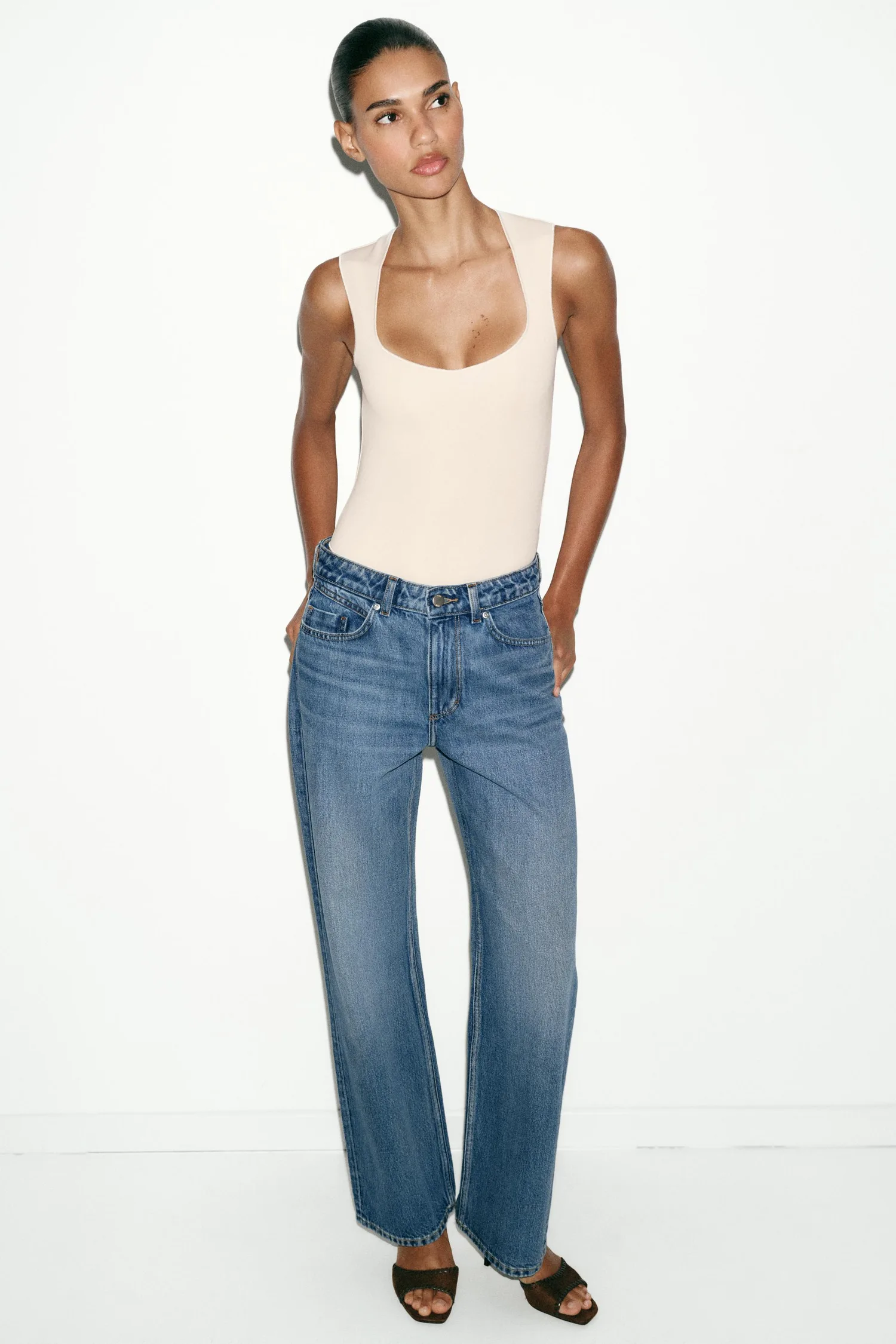 Эластичный боди с квадратным вырезом Zara, экрю