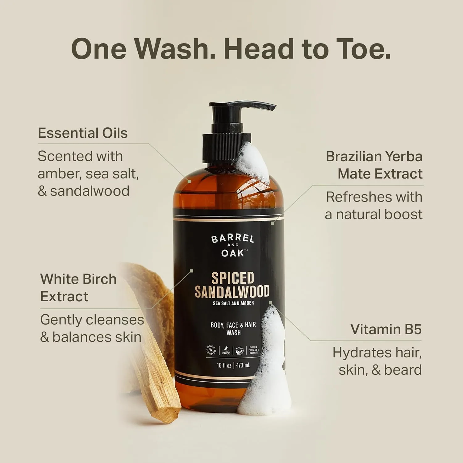 Barrel & Oak универсальное средство для умывания лица, мытья волос и тела, веганское и увлажняющее, для мужчин, Spiced Sandalwood, 16 oz 473 мл (1 шт.), white — фото 3