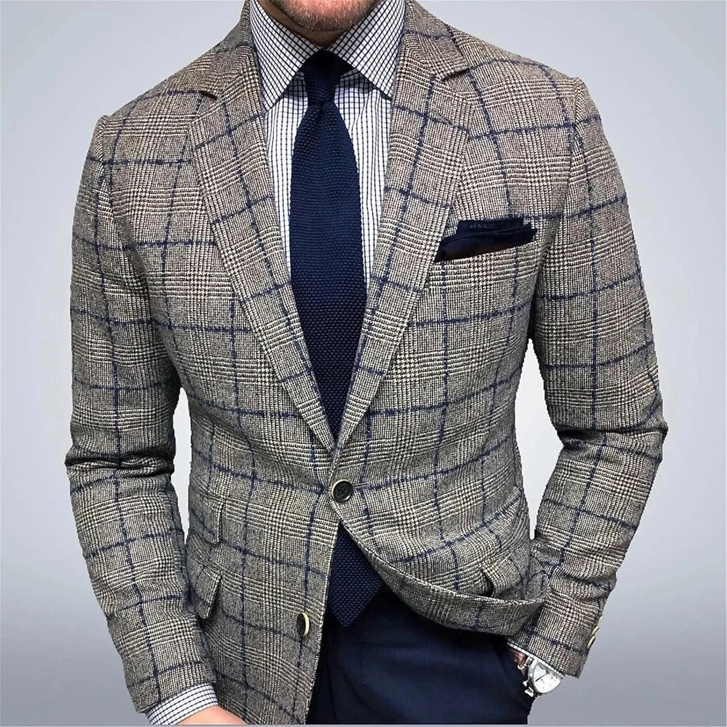 Мужской блейзер Slim Fit из шерстяной смеси в клетку, легкий повседневный пиджак с лацканами, однобортный, с длинным рукавом и карманом Generic, серый — фото 2