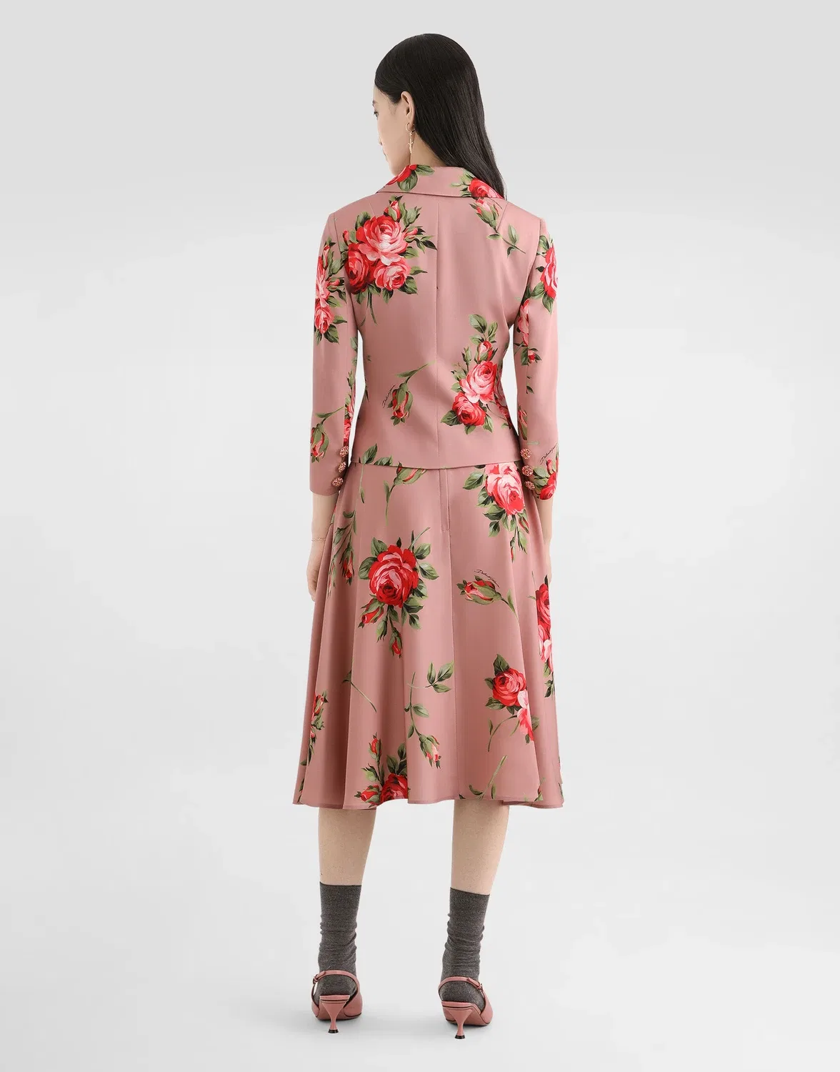 Однобортный жакет из шармеза с принтом розы-букета Dolce & Gabbana, зеленый — фото 3