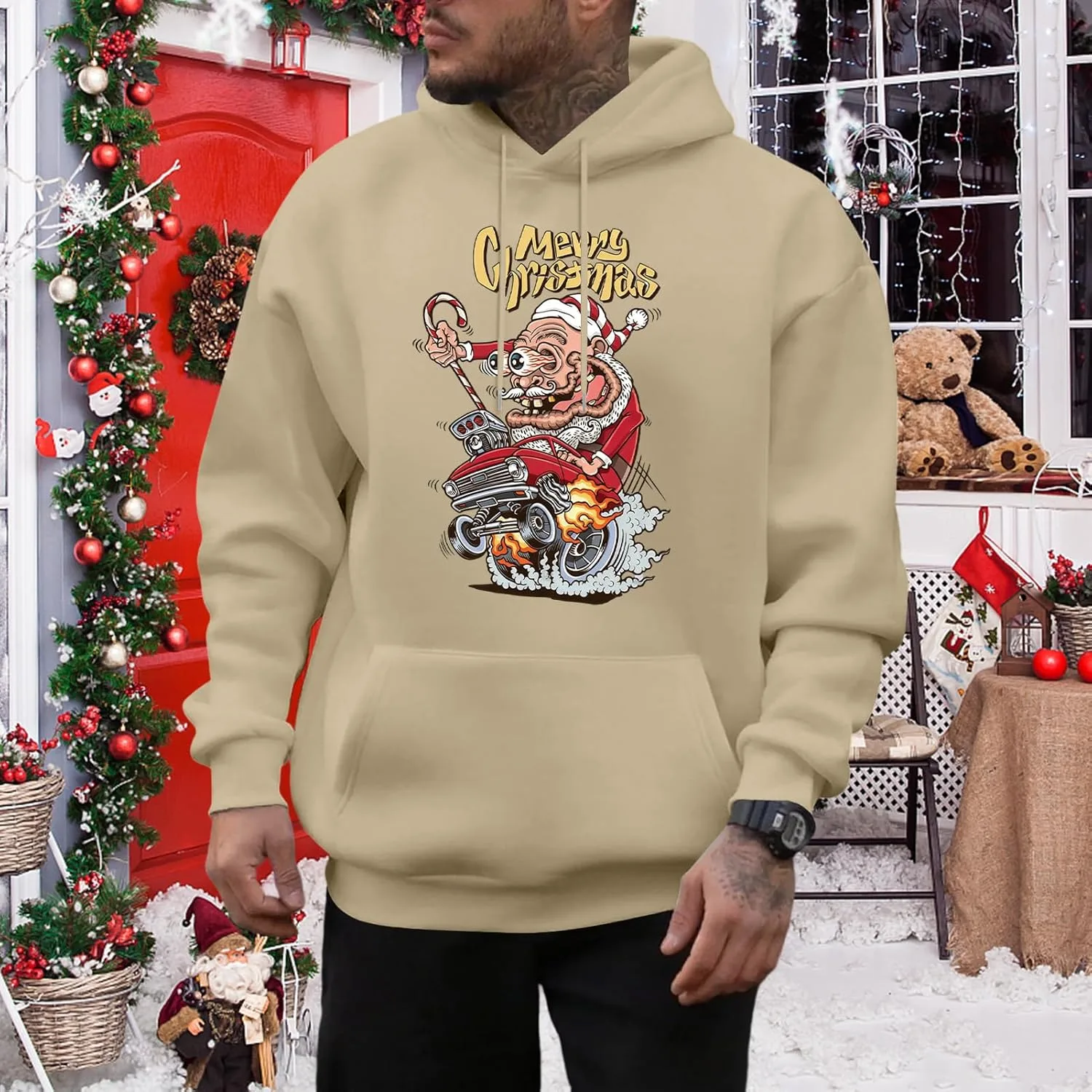 Рождественский худи для мужчин, Funny Merry Christmas Santa, свободный крой — фото 3